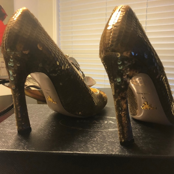 Prada Gold Bronze Sequin Peep Toe Heels 39 - Picture 7 of 7